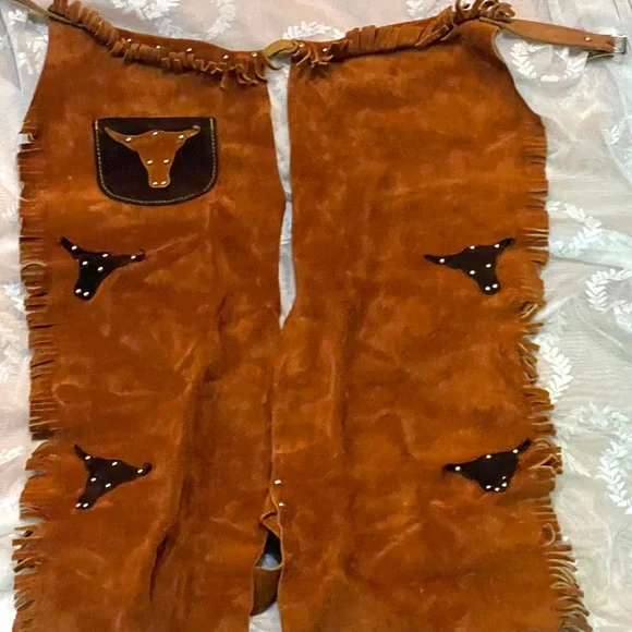 Vtg Authentic Western Outfits For JR. Cowboys Cowhide Chap Vest Fringed Studs B